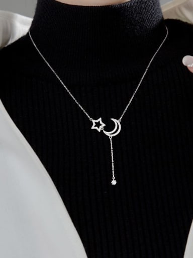 925 Sterling Silver Cubic Zirconia  Minimalist Stars Moon Tassel Lariat Necklace