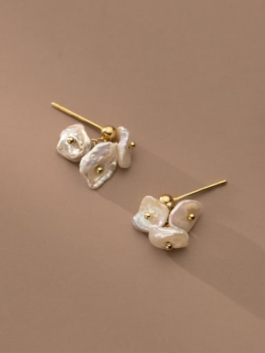 925 Sterling Silver Irregular  Imitation Pearl Flower Minimalist Drop Earring