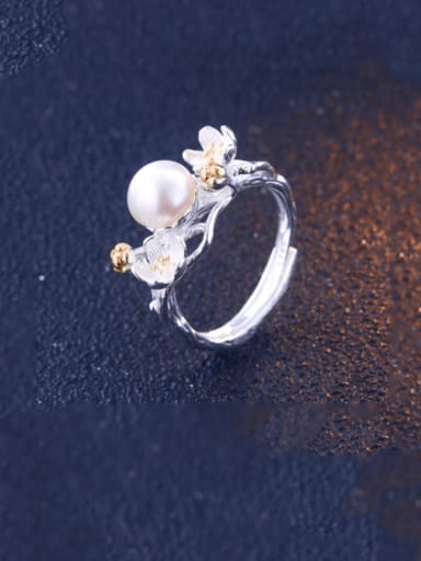925 Sterling Silver Imitation Pearl Flower Minimalist Band Ring
