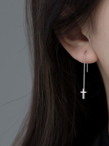 925 Sterling Silver Cross Tassel Minimalist Threader Earring
