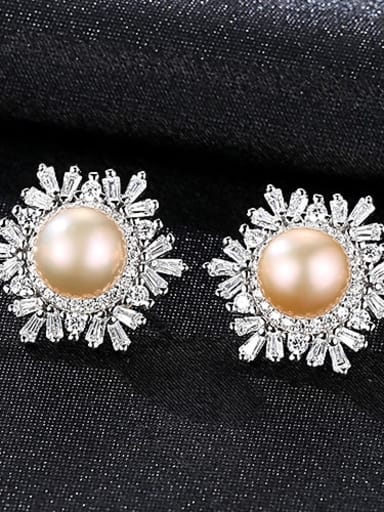 Pink 1k02 925 Sterling Silver Freshwater Pearl White Flower Trend Stud Earring
