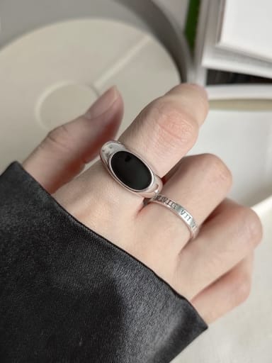 925 Sterling Silver Oval  Black  Enamel  Minimalist  Free Size Midi Ring