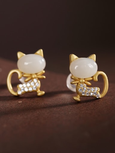 925 Sterling Silver Jade Cat Cute Stud Earring