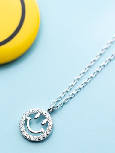925 Sterling Silver Rhinestone simple fashion Smiley Face Pendant Necklace
