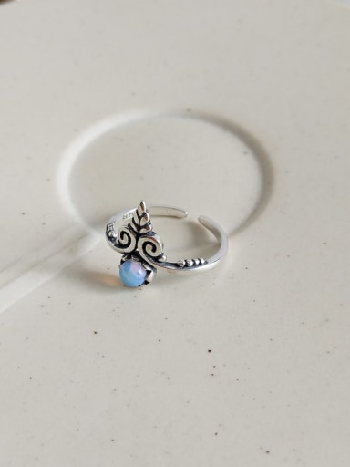 925 Sterling Silver Glass Bead Blue Heart Vintage Midi Ring