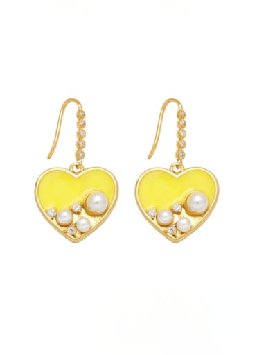 yellow Brass Imitation Pearl Enamel Heart Minimalist Hook Earring