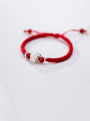 999 Sterling Silver With  White Gold Plated Cute Mouse Red Rope Hand Woven Bracelets