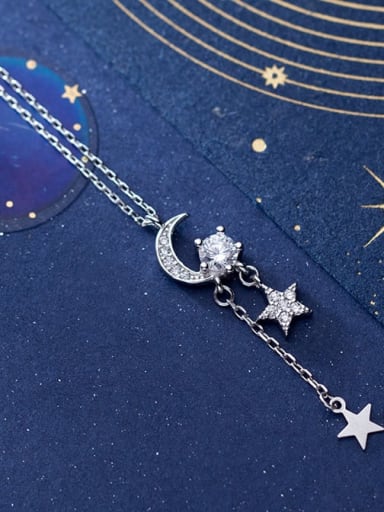 925 Sterling Silver Simple stars moon small tassels Necklace