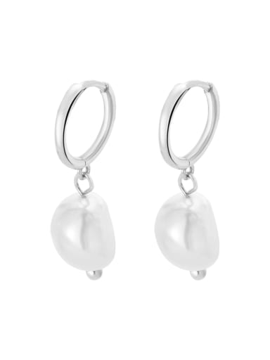 Platinum 925 Sterling Silver Freshwater Pearl Geometric Minimalist Huggie Earring