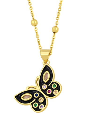 black Brass Rhinestone Enamel Butterfly Vintage Necklace