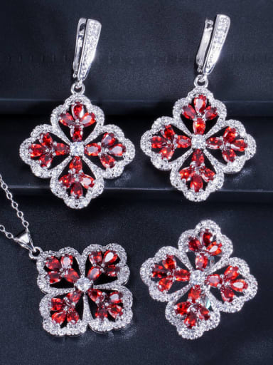 Red ring size 7 Brass Cubic Zirconia Luxury Flower  Earring Ring and Necklace Set