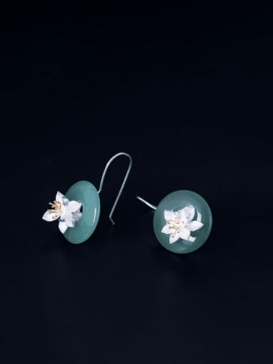 925 Sterling Silver Jade Flower Ethnic Hook Earring