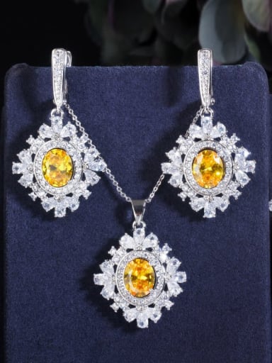 Yellow Size 7 three piece set Copper Cubic Zirconia Luxury Geometric Earring Ring and Necklace Set