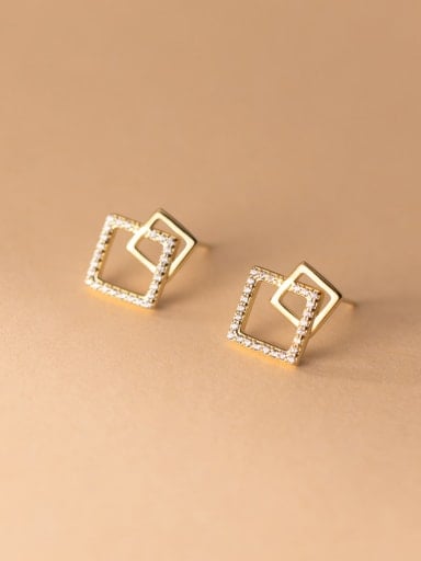 Gold 925 Sterling Silver Cubic Zirconia Square Minimalist Stud Earring