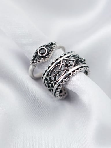 925 Sterling Silver Punk style carved black diamond Hollow Pattern Free Size Ring
