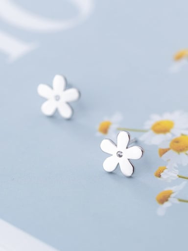 925 Sterling Silver With Platinum Plated Minimalist Smooth Flower Stud Earrings