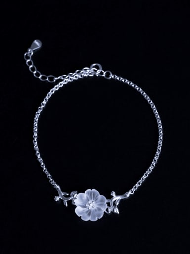925 Sterling Silver Jade Flower Vintage Link Bracelet