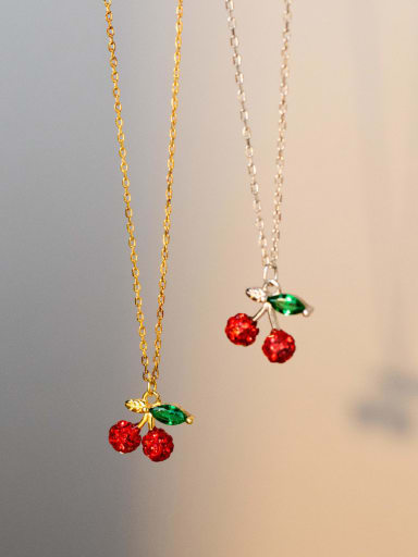 925 Sterling Silver Rhinestone Friut Cute Cherry  Pendant Necklace