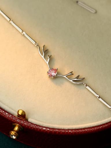 BRS123 [Pink Diamond] 925 Sterling Silver Cubic Zirconia Deer Head Minimalist Bracelet