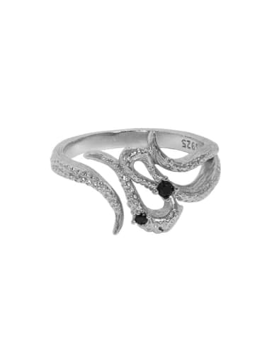 Rhodium [black zircon] 925 Sterling Silver Embossed Texture Vintage Band Ring