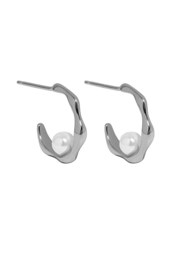 White gold [with pure silver ear plug] 925 Sterling Silver Imitation Pearl Geometric Minimalist Stud Earring