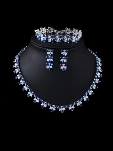 Blue (3-piece set) Brass Cubic Zirconia Luxury Flower Earring Braclete and Necklace Set