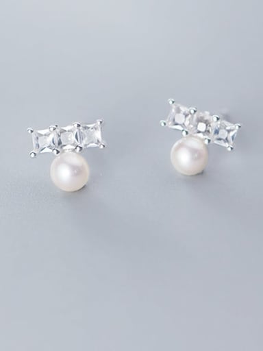 925 Sterling Silver Imitation Pearl White Bowknot Minimalist Stud Earring