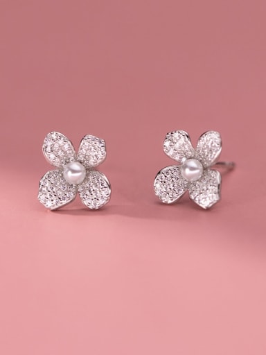 925 Sterling Silver Cubic Zirconia Flower Minimalist Huggie Earring
