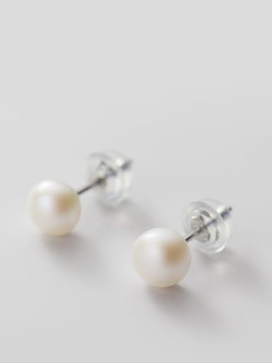 White Pearl Earrings Silver 7- 8mm 925 Sterling Silver Freshwater Pearl  Round Minimalist Stud Earring