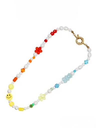 Boho Imitation Pearl Stained Glass Rice Beads Handmade Beaded Smiley Necklace