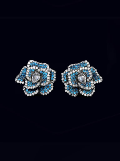 blue Brass Cubic Zirconia Flower Luxury Stud Earring