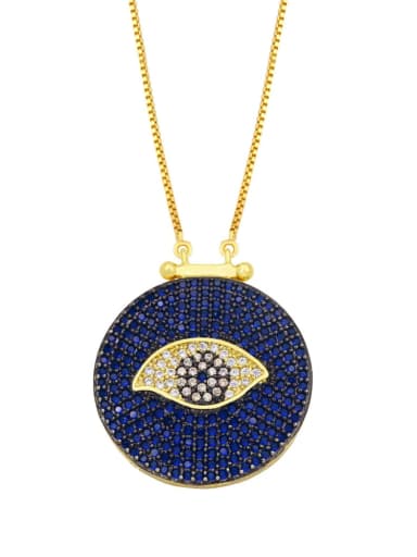 blue Brass Rhinestone Evil Eye Hip Hop  Round Pendant Necklace