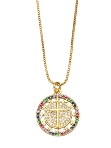 B Brass Cubic Zirconia Cross Vintage  Round Pendant Necklace