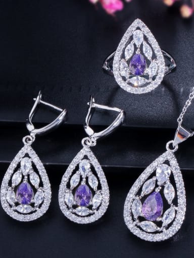 Purple ring size 6 Drop Brass Cubic Zirconia Luxury Water  Earring and Necklace Set