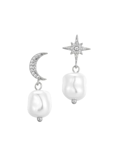 Platinum Star Moon Pearl Earrings 925 Sterling Silver Cubic Zirconia Asymmetrical Star Moon Pearl Earrings