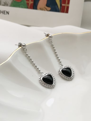 925 Sterling Silver Black Enamel Heart Vintage Threader Earring