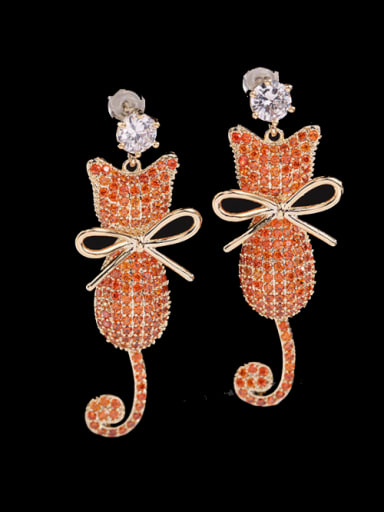 Orange Brass Cubic Zirconia Cat Cute Drop Earring