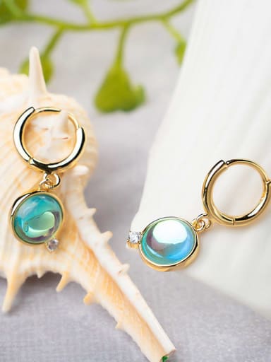 blue Brass Opal Geometric Minimalist Huggie Earring