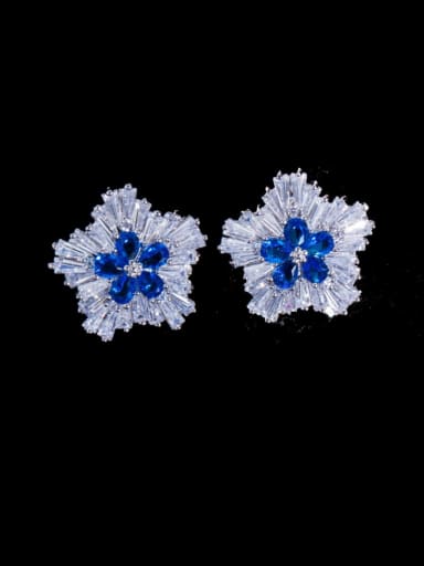 blue Brass Cubic Zirconia Flower Statement Stud Earring
