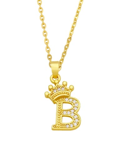 B Brass Cubic Zirconia Crown Vintage  Letter Pendant Necklace