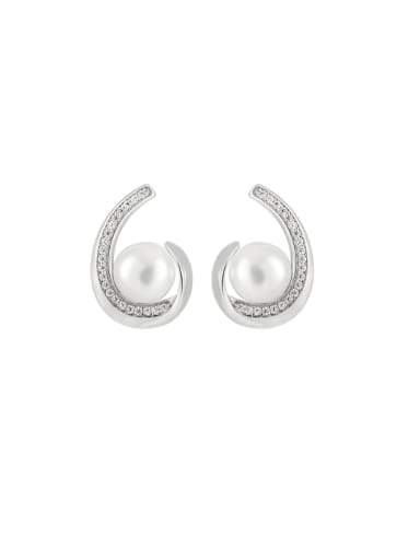 Platinum 925 Sterling Silver Imitation Pearl Geometric Minimalist Stud Earring