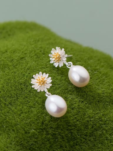 925 Sterling Silver Imitation Pearl Flower Minimalist Drop Earring