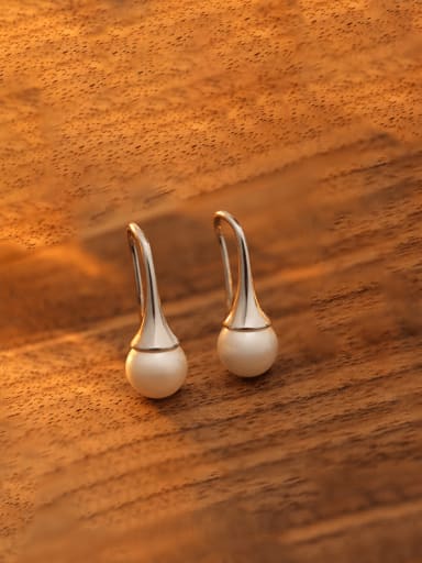 ES2592 ? Platinum ? 925 Sterling Silver Imitation Pearl Geometric Minimalist Hook Earring
