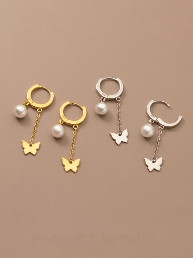 925 Sterling Silver Imitation Pearl Butterfly Tassel Minimalist Huggie Earring