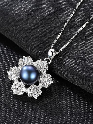 925 Sterling Silver 3A Zircon Freshwater Pearl Flower Pendant Necklace