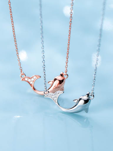 925 Sterling Silver Fashion cute diamond dolphin Necklace