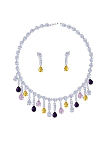 Brass Cubic Zirconia  Luxury Water Drop Earring and Necklace Set