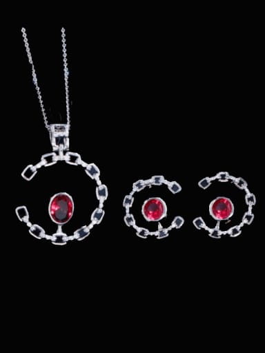 red Brass Cubic Zirconia Luxury Oval Earring and Necklace Set