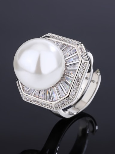 White Pearl and Platinum Ring Brass Imitation Pearl Square Trend Band Ring