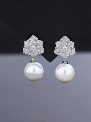 White pearl earrings Brass Cubic Zirconia Flower Luxury Drop Earring